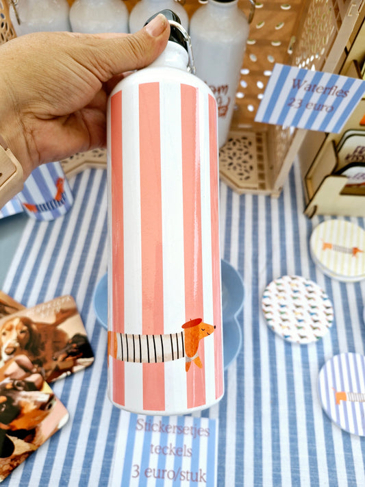 Roze/Peach streep met teckel - Premium Drinkfles voor Teckelliefhebbers