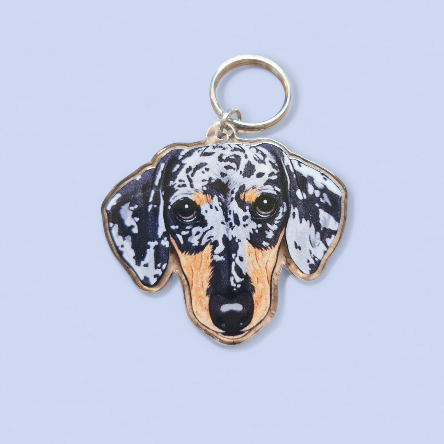 Teckel Kop Sleutelhanger Zwart-Zilver Merle Dapple - Kortharige Teckel Hoofd