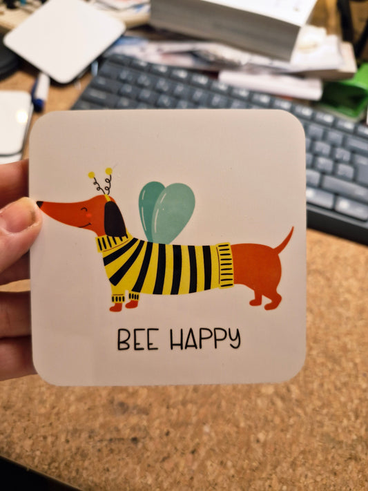 Onderzetter coaster bee happy teckel met bij kostuum