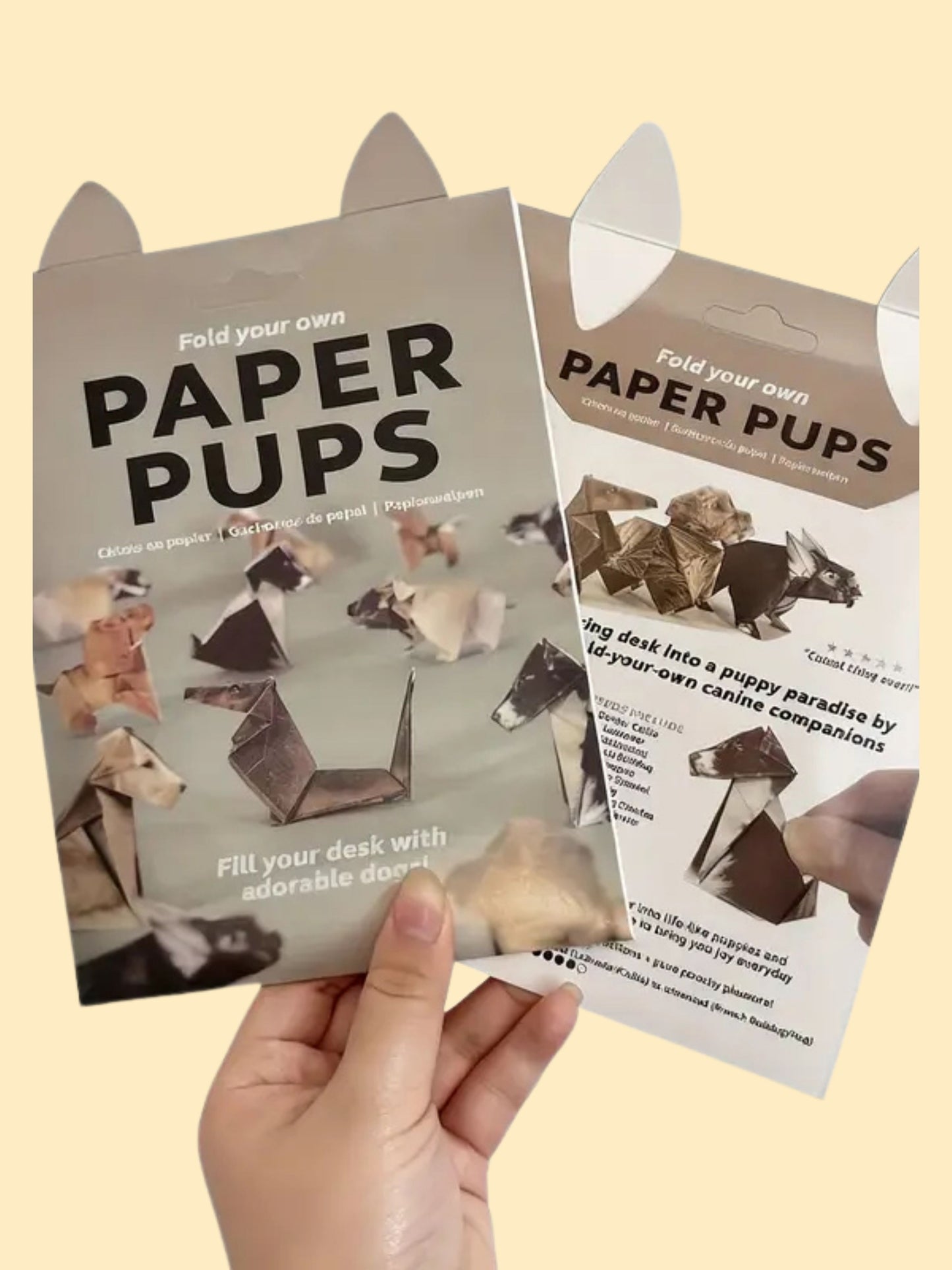 voorbeeld van verpakking voor en achterkant Paper Pups origami van hondenrassen