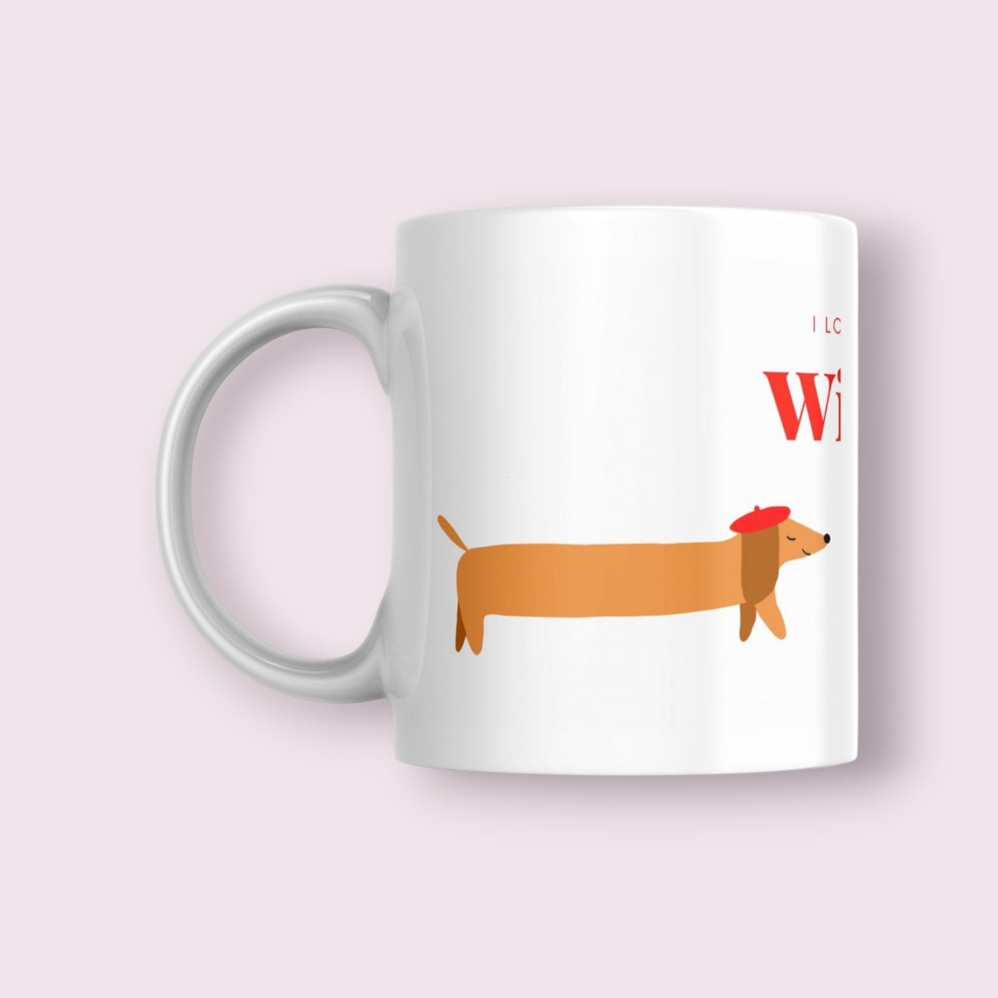 Mok met lange teckel met tekst “ I love a good wiener”