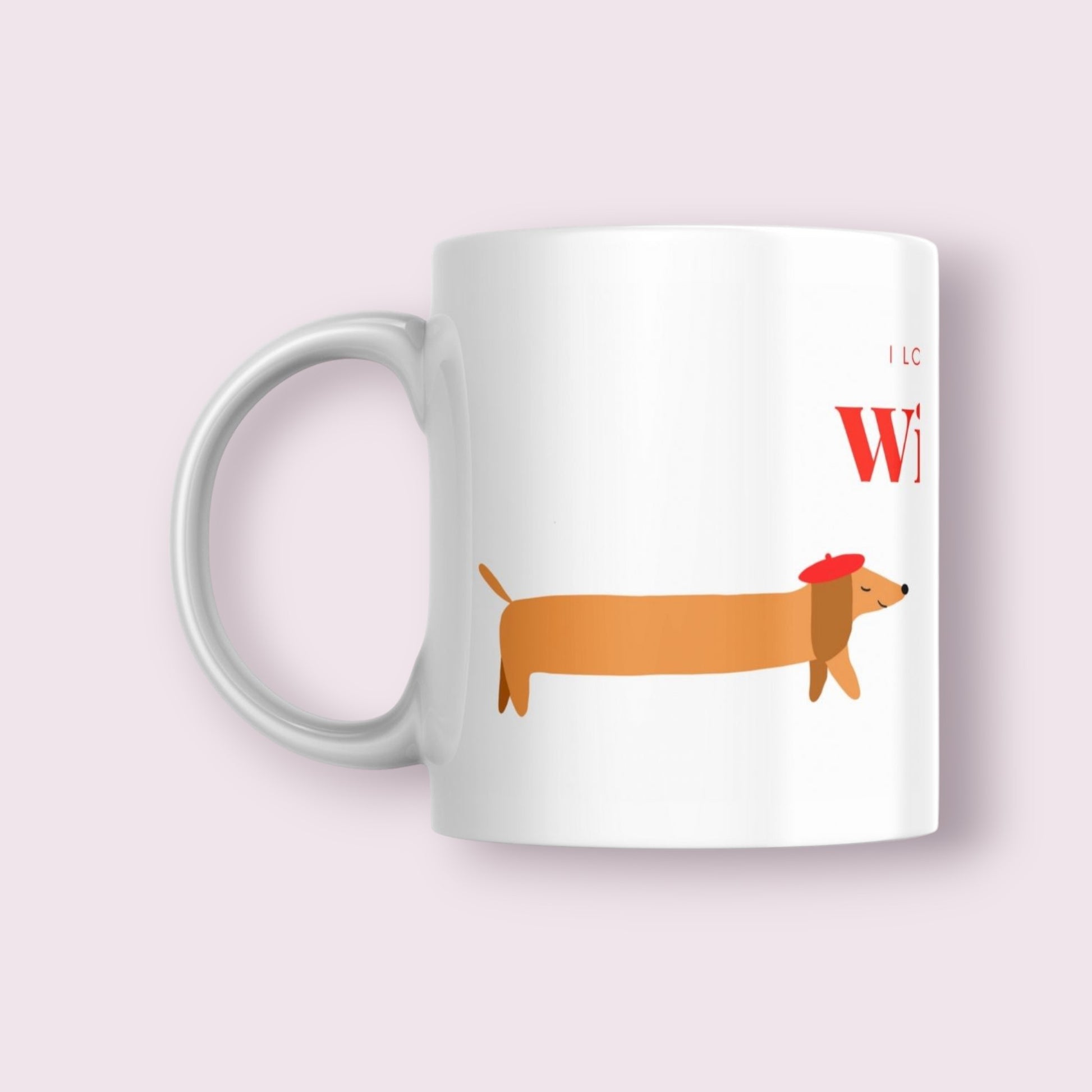 Mok met lange teckel met tekst “ I love a good wiener”