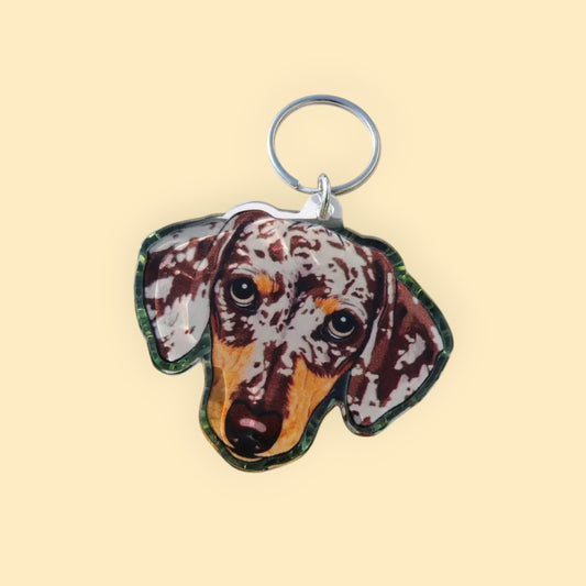 Teckel Kop Sleutelhanger Bruin-Zilver Merle Dapple - Kortharige Teckel Hoofd
