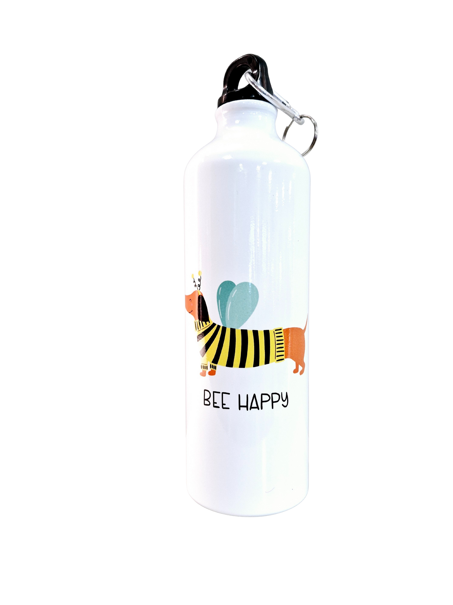 Waterfles met teckel met een bijenpakje, tekst Bee Happy