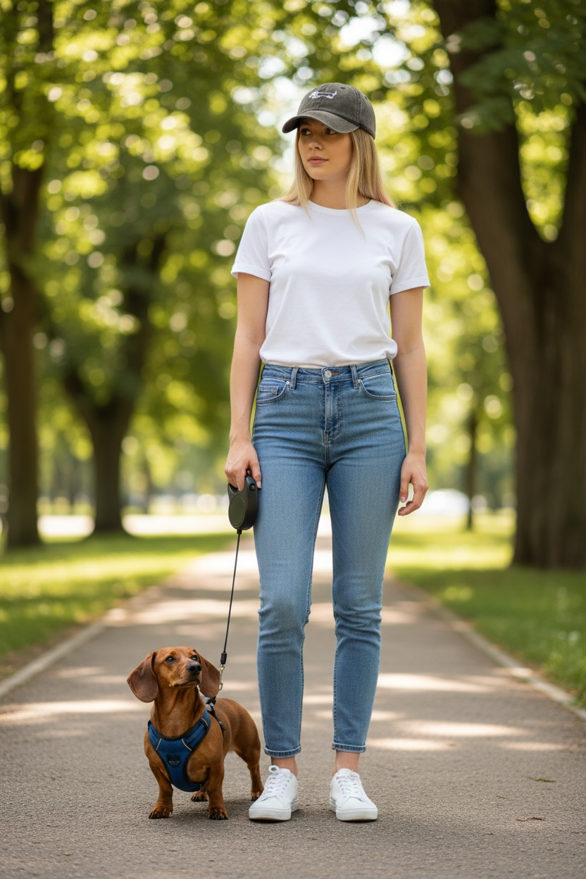 Donkergrijze pet met geborduurde teckel Op, dame met blond haar draagt deze pet, ze heeft een kortharige bruine teckel bij