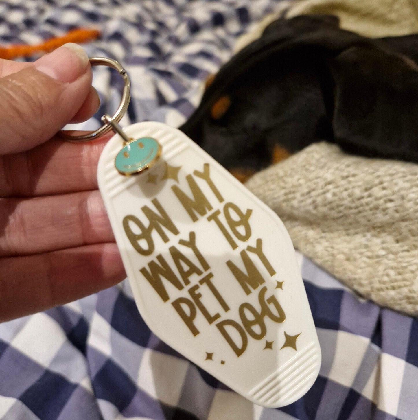 Motel sleutelhanger met tekst On my way to pet my dog - schattig cadeau hondenliefhebbers