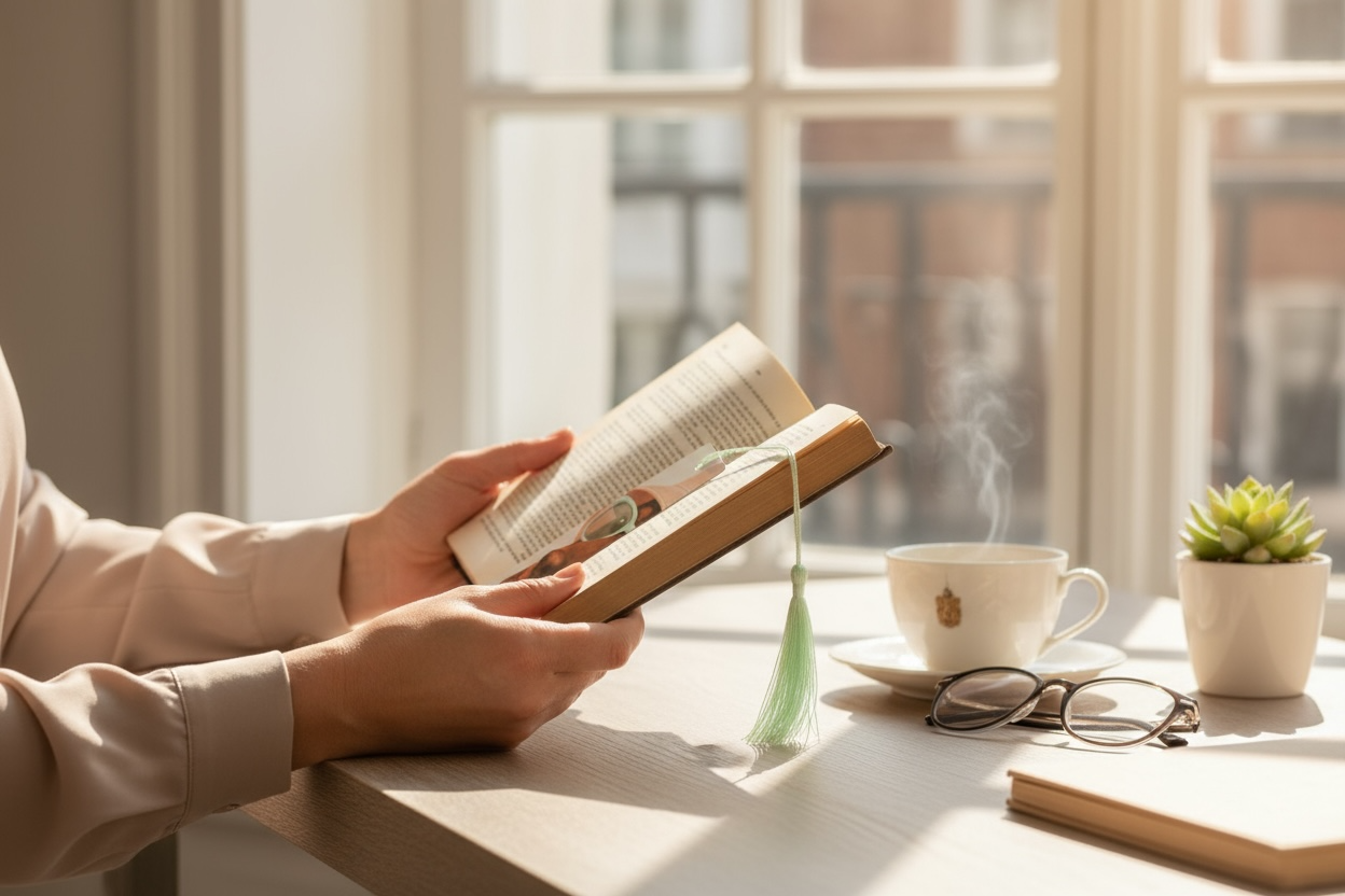 zicht op iemand dat een boek aan het lezen is met een boekenlegger erin, er staat ook een koffie op tafel