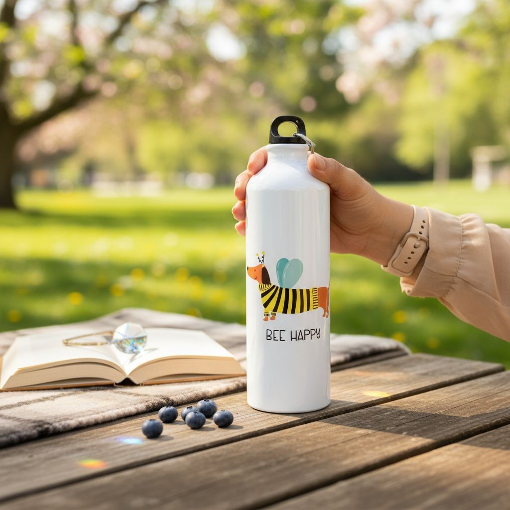 Waterfles met teckel met een bijenpakje, tekst Bee Happy