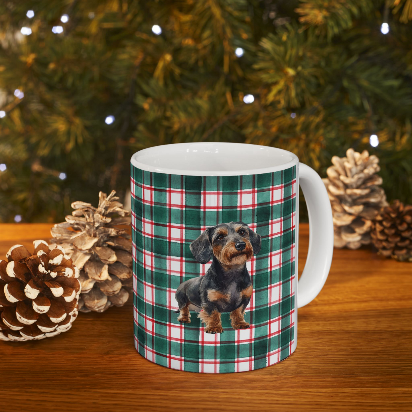 Ruwhaar Teckel Mok Geruite Achtergrond - Wire Haired Dachshund Keramische Mok 11oz