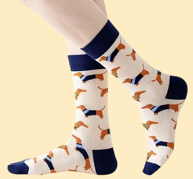 Teckel Sokken - Cartoon Print met Marineblauwe Hiel (22cm)