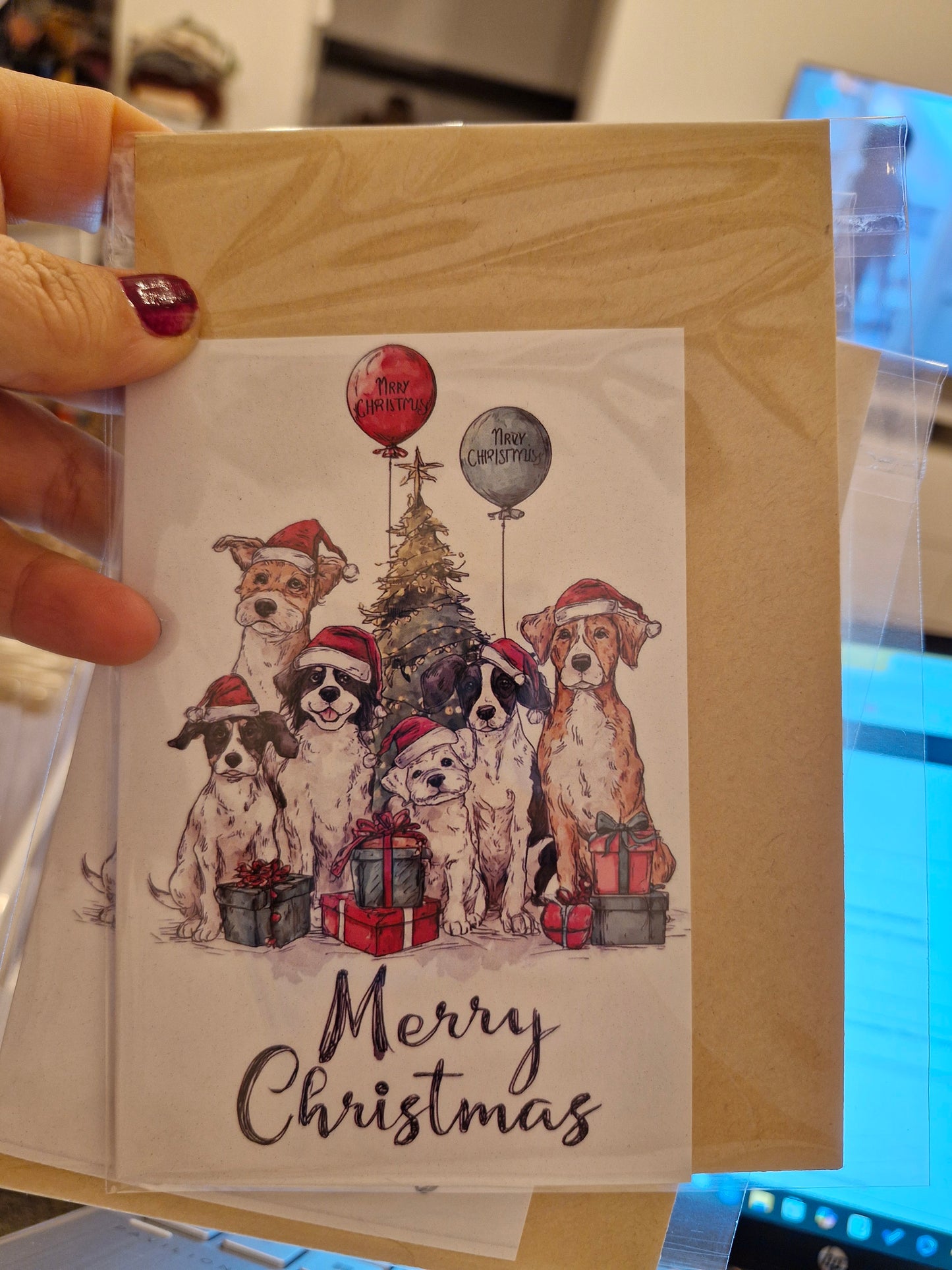 Wenskaart Dubbel Gevouwen - Kerst Dogs A6 - merry christmas 6 honden 2 ballonnen