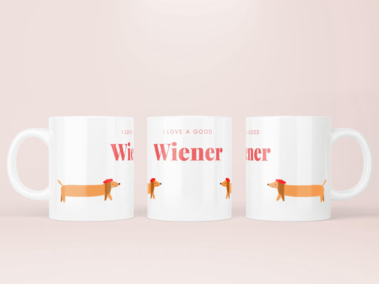 Mok met lange teckel met tekst “ I love a good wiener”