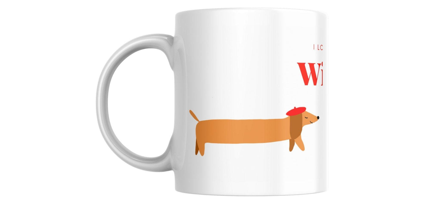 Mok met lange teckel met tekst “ I love a good wiener”