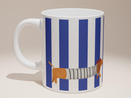 La Saucisse Parisienne Teckel Mok - Donkerblauwe Strepen Design