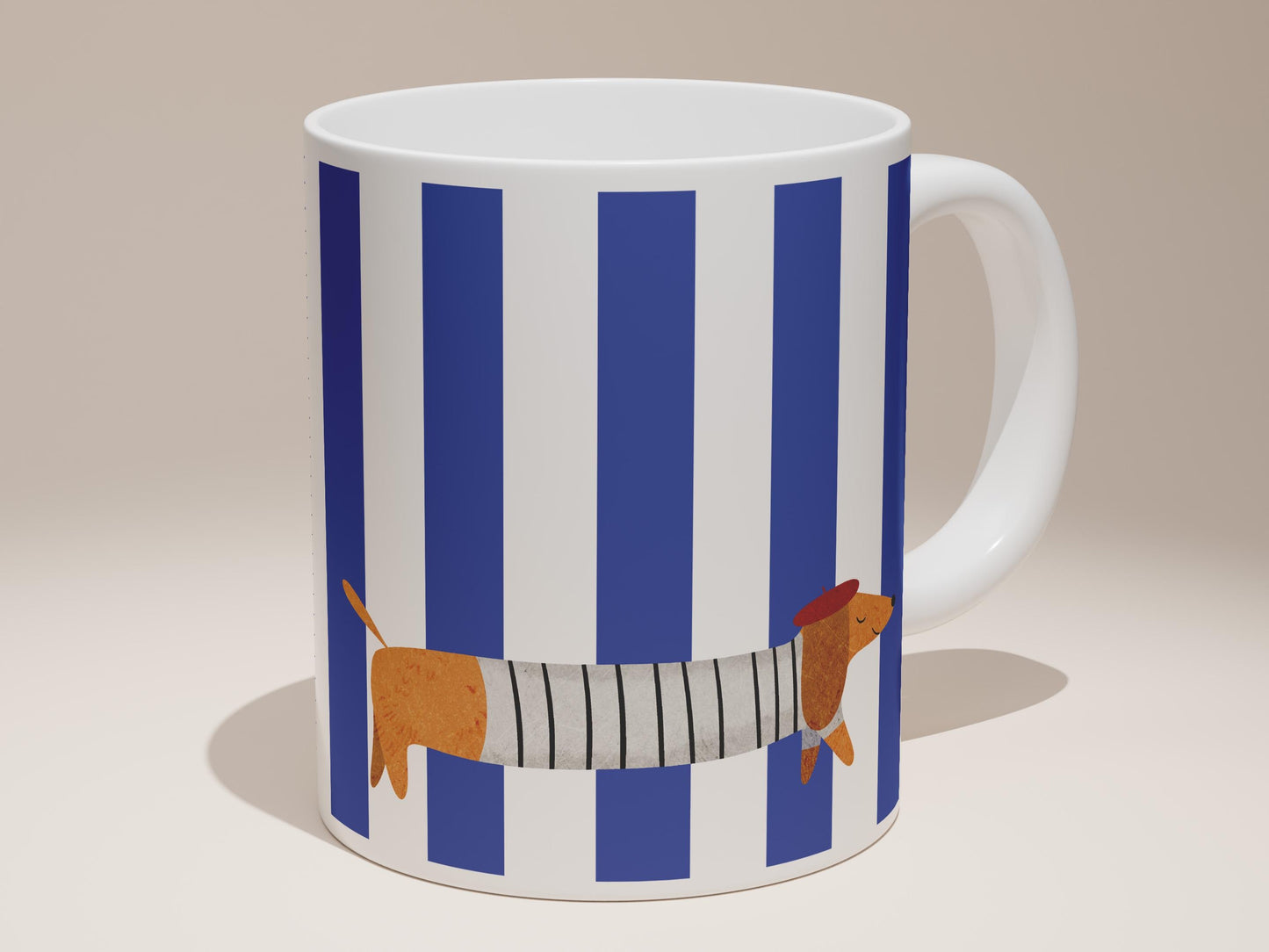 La Saucisse Parisienne Teckel Mok - Donkerblauwe Strepen Design