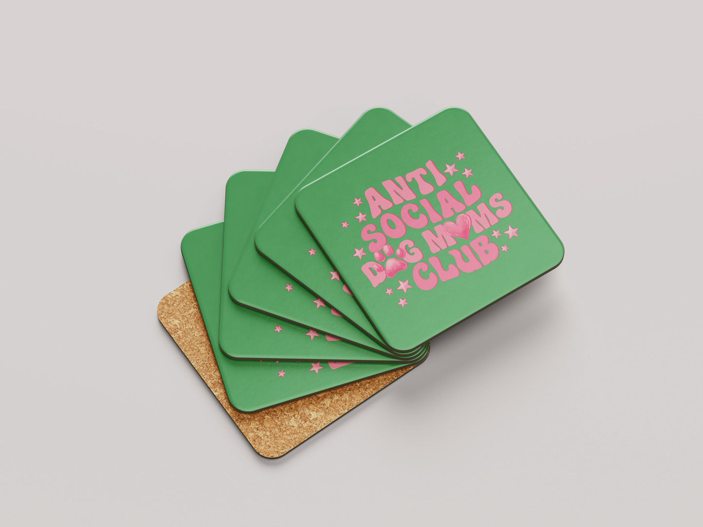 Anti Social Dog Moms Club Onderzetter - Grappig Cadeau voor Dog Moms - Roze Tekst op Groen