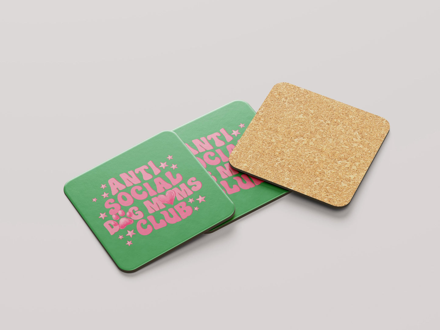 Anti Social Dog Moms Club Onderzetter - Grappig Cadeau voor Dog Moms - Roze Tekst op Groen