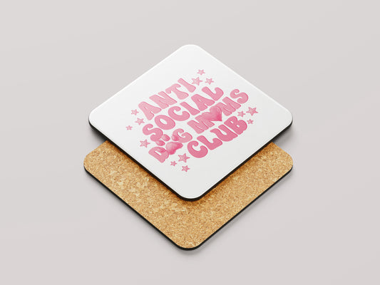 Anti Social Dog Moms Club Onderzetter - Grappig Cadeau voor Dog Moms - Roze Tekst op Wit