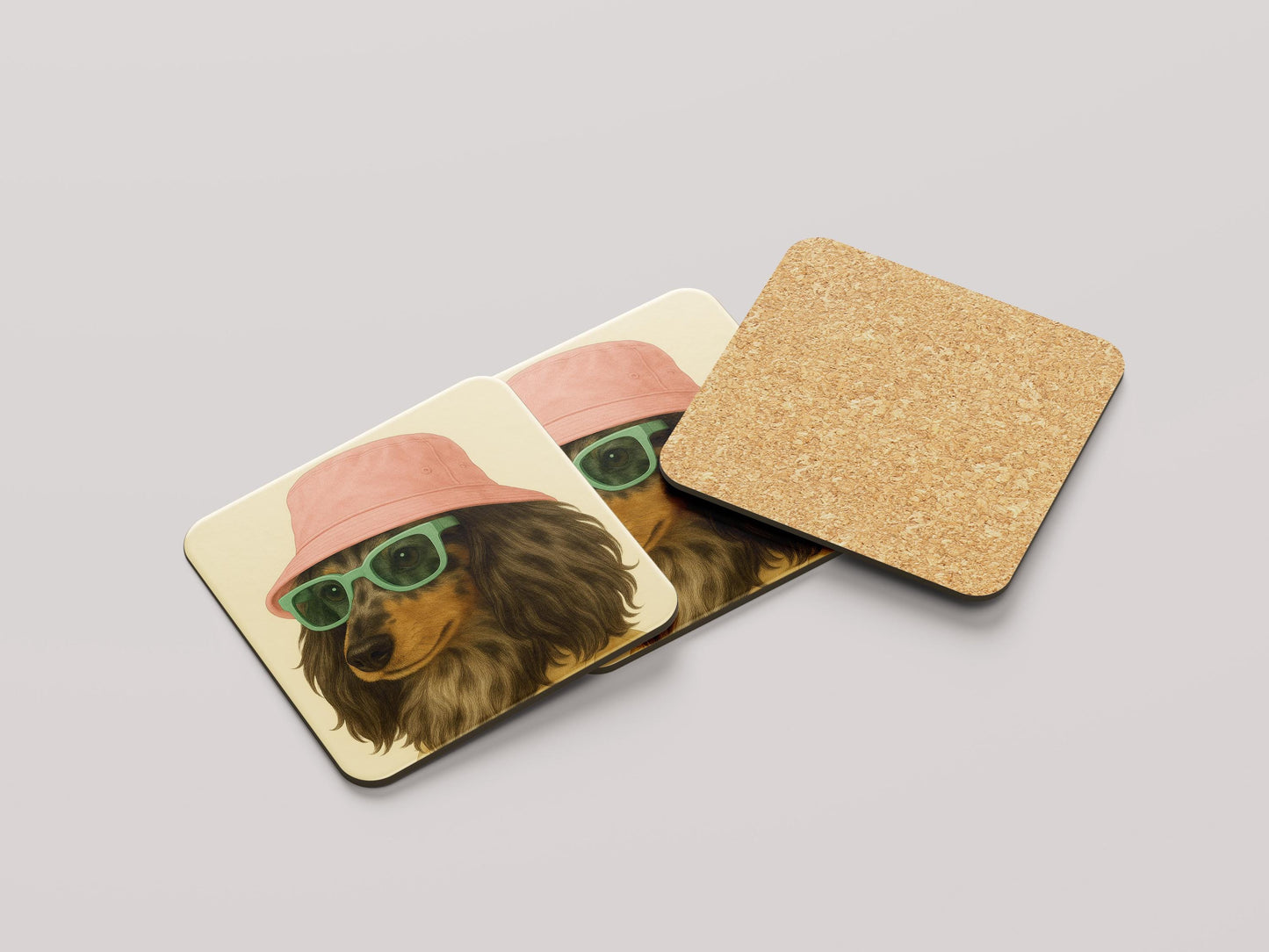 Merle Teckel Onderzetters Set - Langhaar Merle Teckel met Roze Hoedje - Cadeau Teckelliefhebber