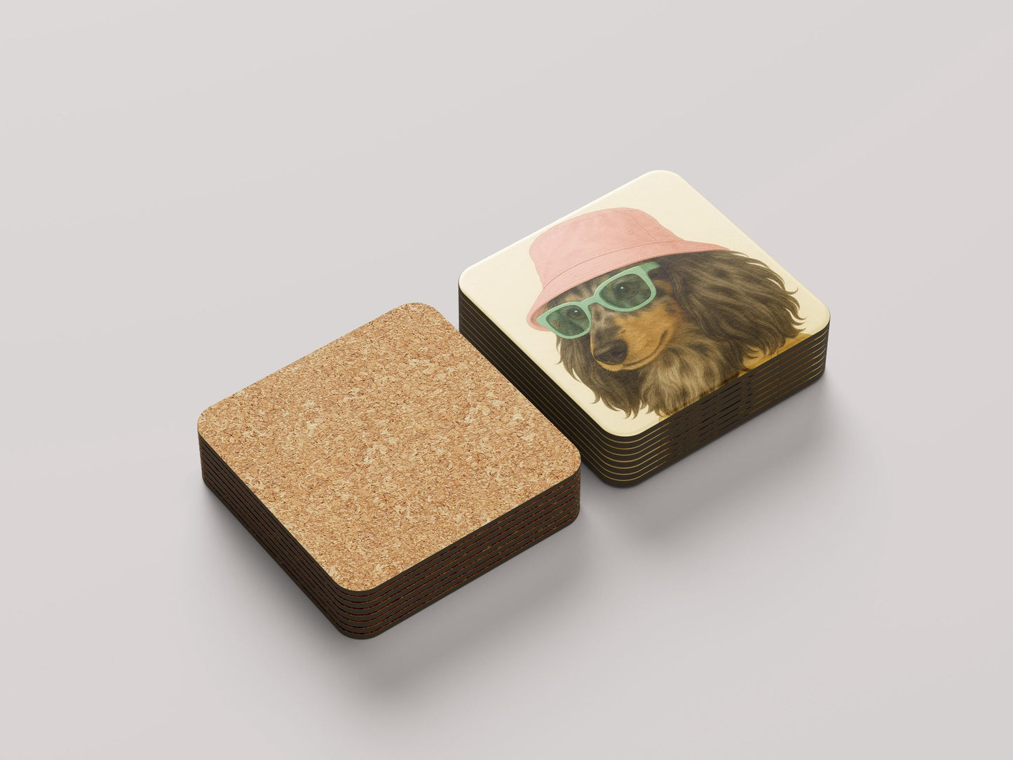 Merle Teckel Onderzetters Set - Langhaar Merle Teckel met Roze Hoedje - Cadeau Teckelliefhebber