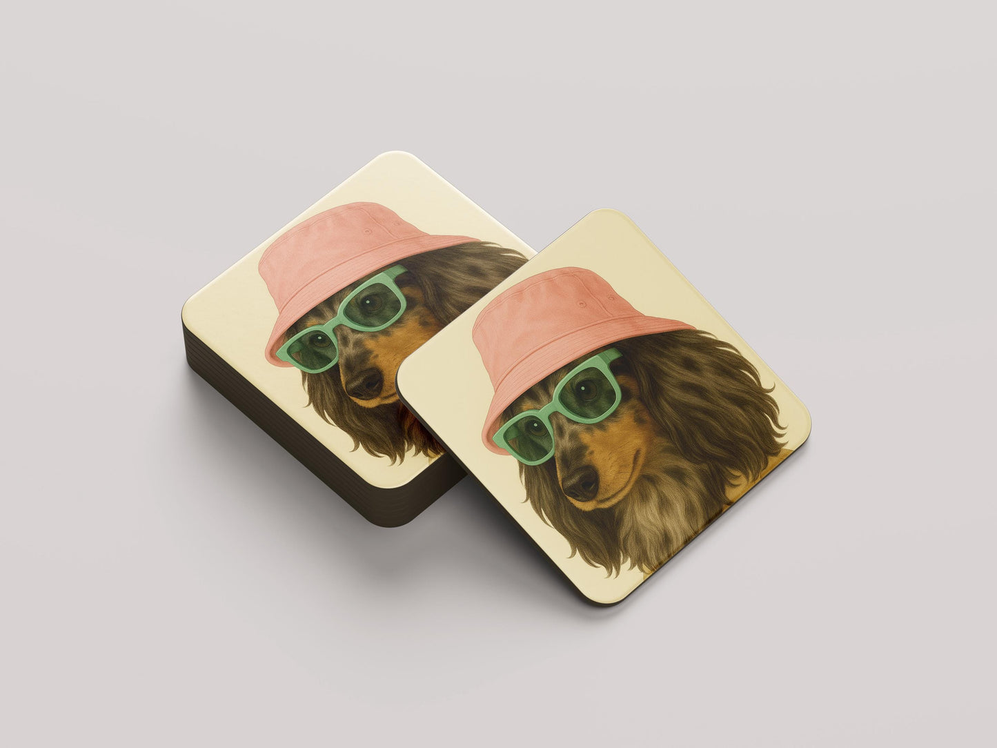 Merle Teckel Onderzetters Set - Langhaar Merle Teckel met Roze Hoedje - Cadeau Teckelliefhebber