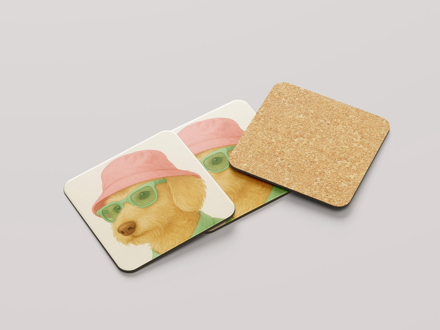 Grappige Teckel Onderzetters - Ruwhaar Blonde Teckel met Roze Hoedje en Mint Zonnebril