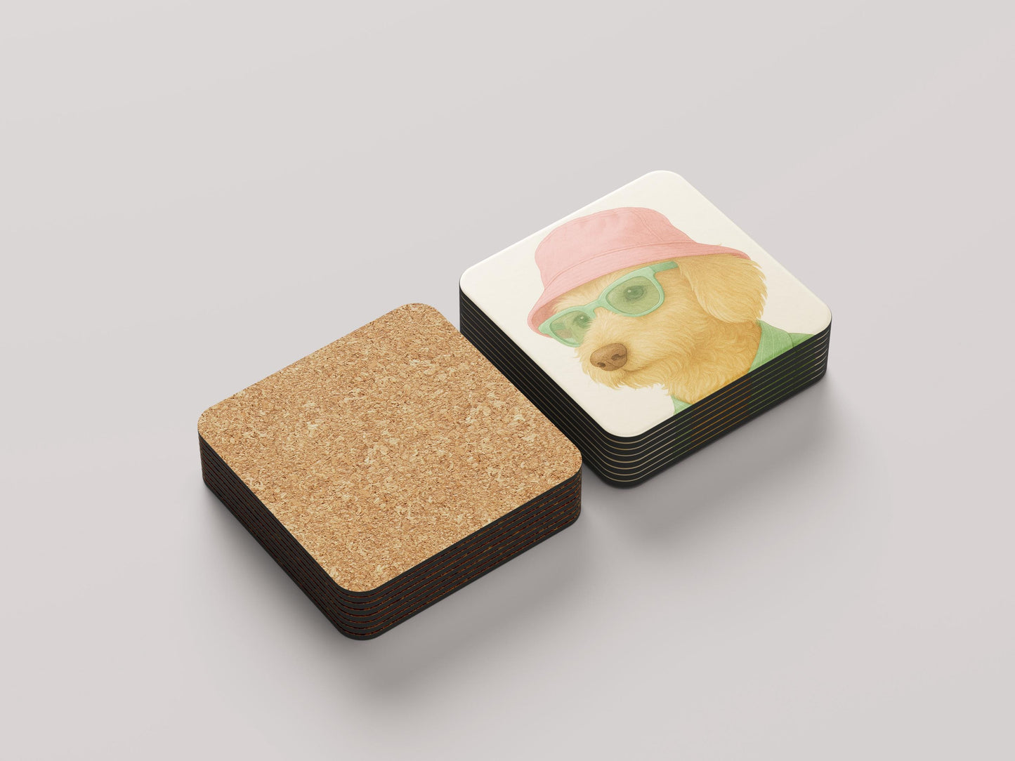 Grappige Teckel Onderzetters - Ruwhaar Blonde Teckel met Roze Hoedje en Mint Zonnebril