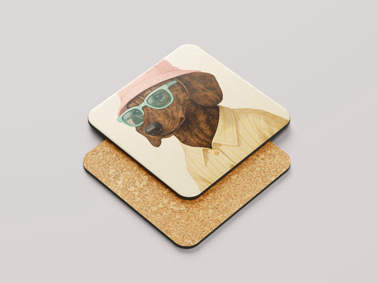 Brindle Teckel Onderzetters Set - Kortharige Brindle Teckel met Roze Hoedje - Grappig Cadeau