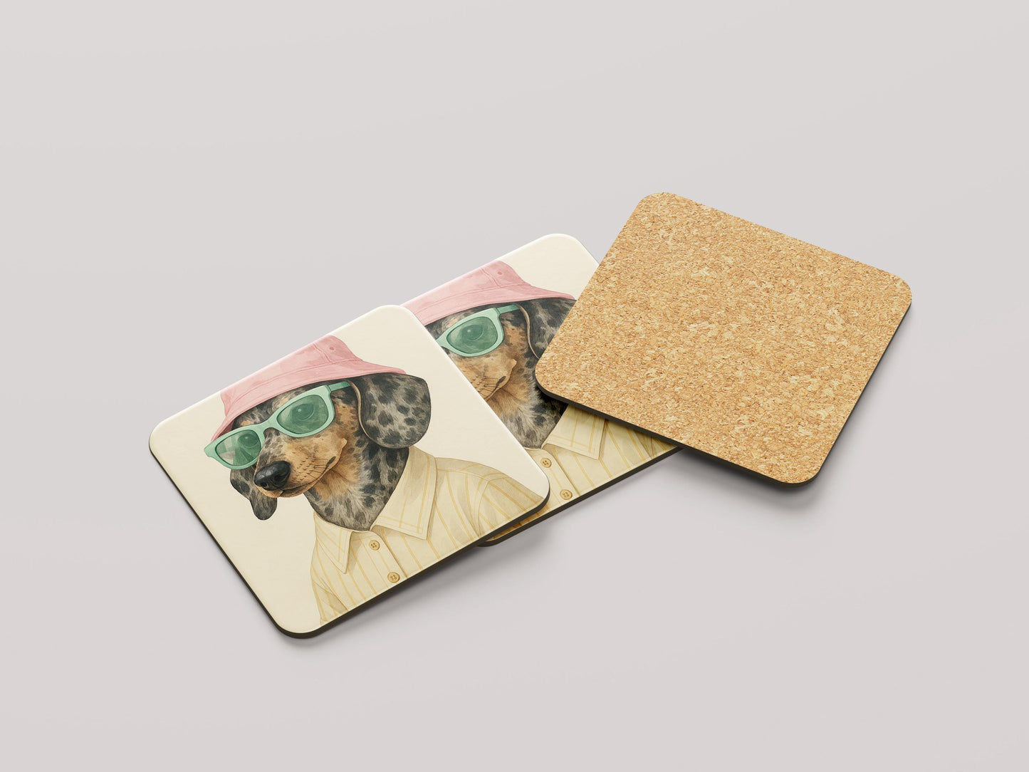 Dapple Teckel Onderzetters Set - Gevlekte Teckel met Roze Hoedje en Mint Zonnebril - Grappig Cadeau