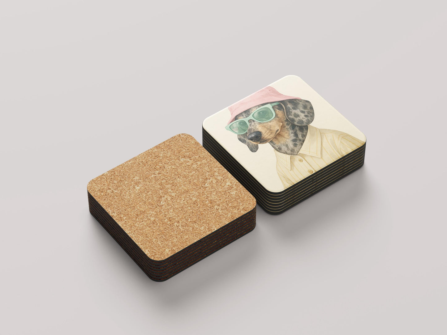 Dapple Teckel Onderzetters Set - Gevlekte Teckel met Roze Hoedje en Mint Zonnebril - Grappig Cadeau