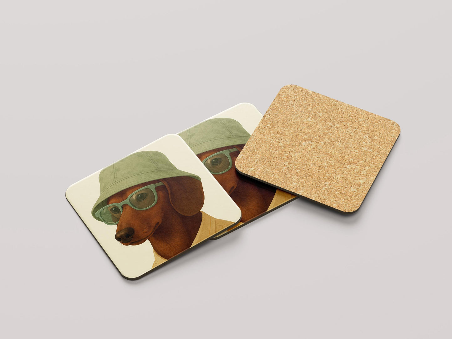Chocolate Teckel Onderzetters Set - Gladhaar Chocolate Teckel met Groene Hoed - Cadeau Teckelliefhebber