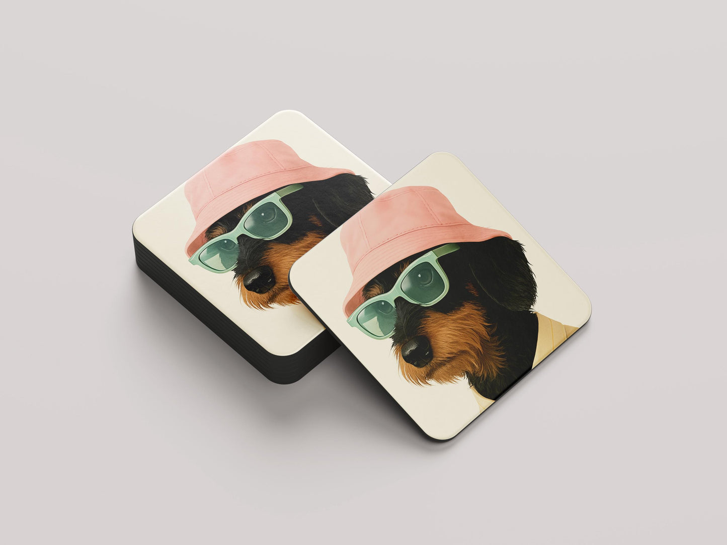 Ruwhaar Teckel Onderzetters met Roze Hoedje - Set van 1, 2 of 4 Stuks - Schattige Hondenliefhebber Cadeau