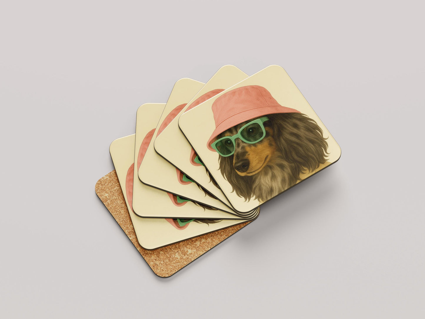 Merle Teckel Onderzetters Set - Langhaar Merle Teckel met Roze Hoedje - Cadeau Teckelliefhebber