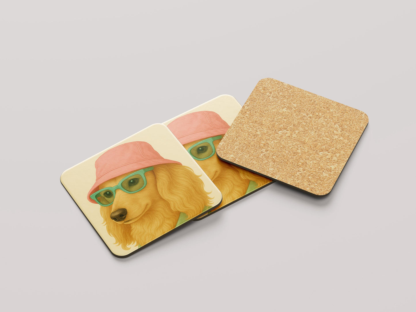 Teckel Onderzetters Set - Langhaar Blonde Teckel met Roze Hoedje - Cadeau Hondenliefhebber