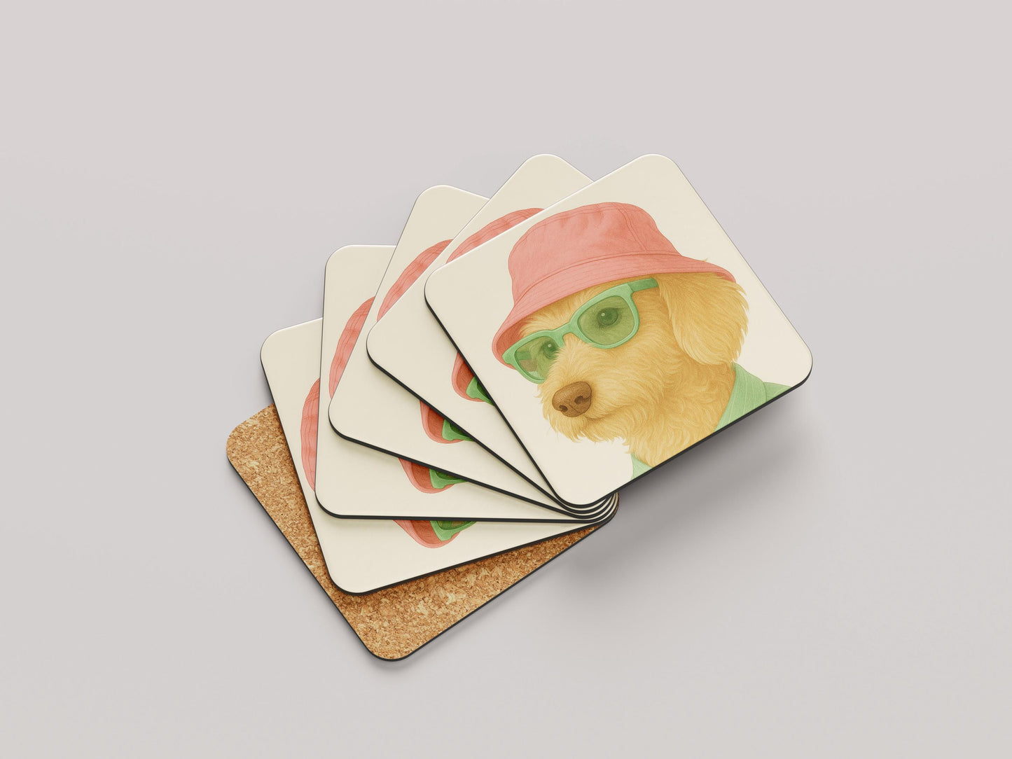 Grappige Teckel Onderzetters - Ruwhaar Blonde Teckel met Roze Hoedje en Mint Zonnebril