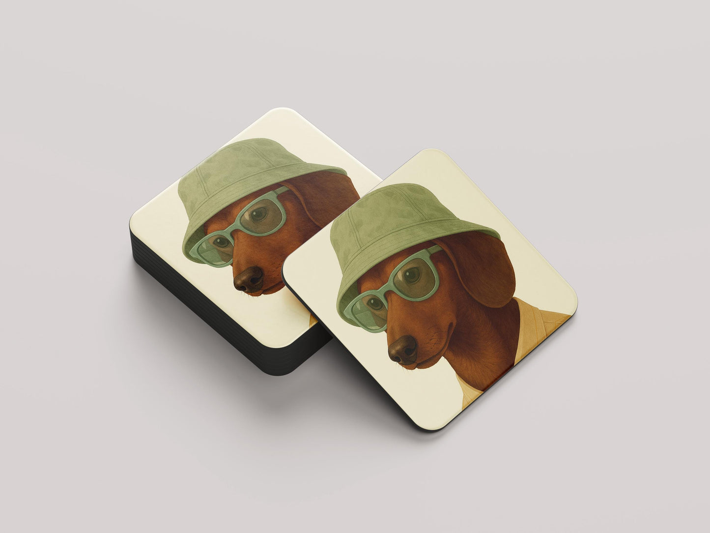 Chocolate Teckel Onderzetters Set - Gladhaar Chocolate Teckel met Groene Hoed - Cadeau Teckelliefhebber
