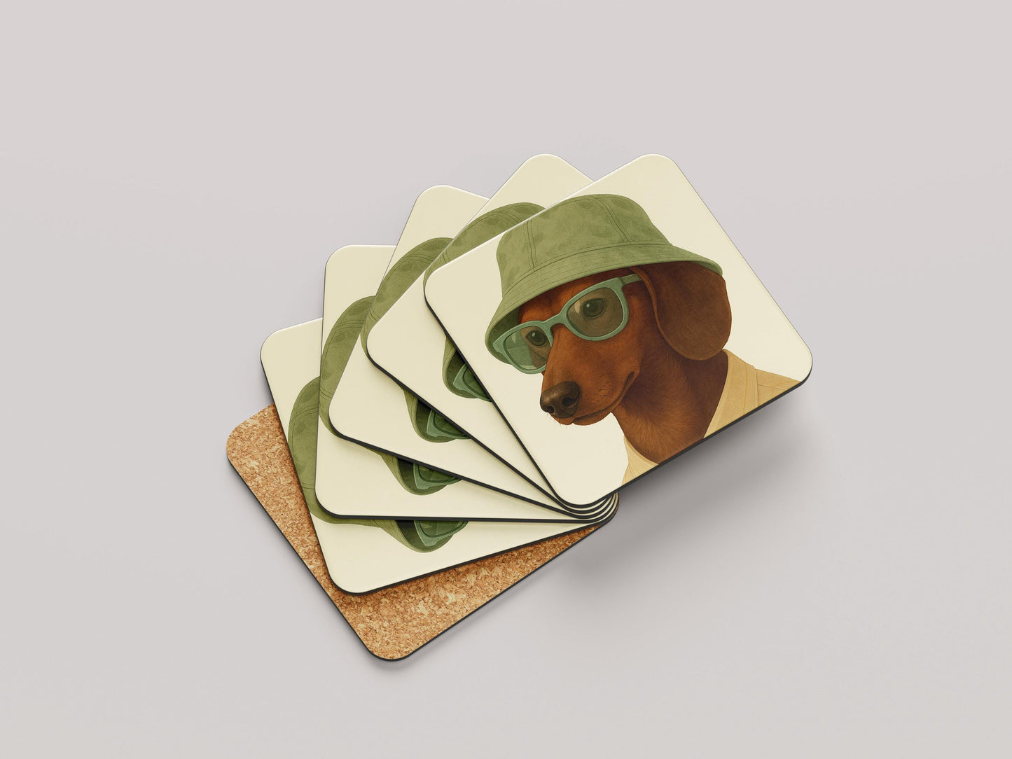 Chocolate Teckel Onderzetters Set - Gladhaar Chocolate Teckel met Groene Hoed - Cadeau Teckelliefhebber