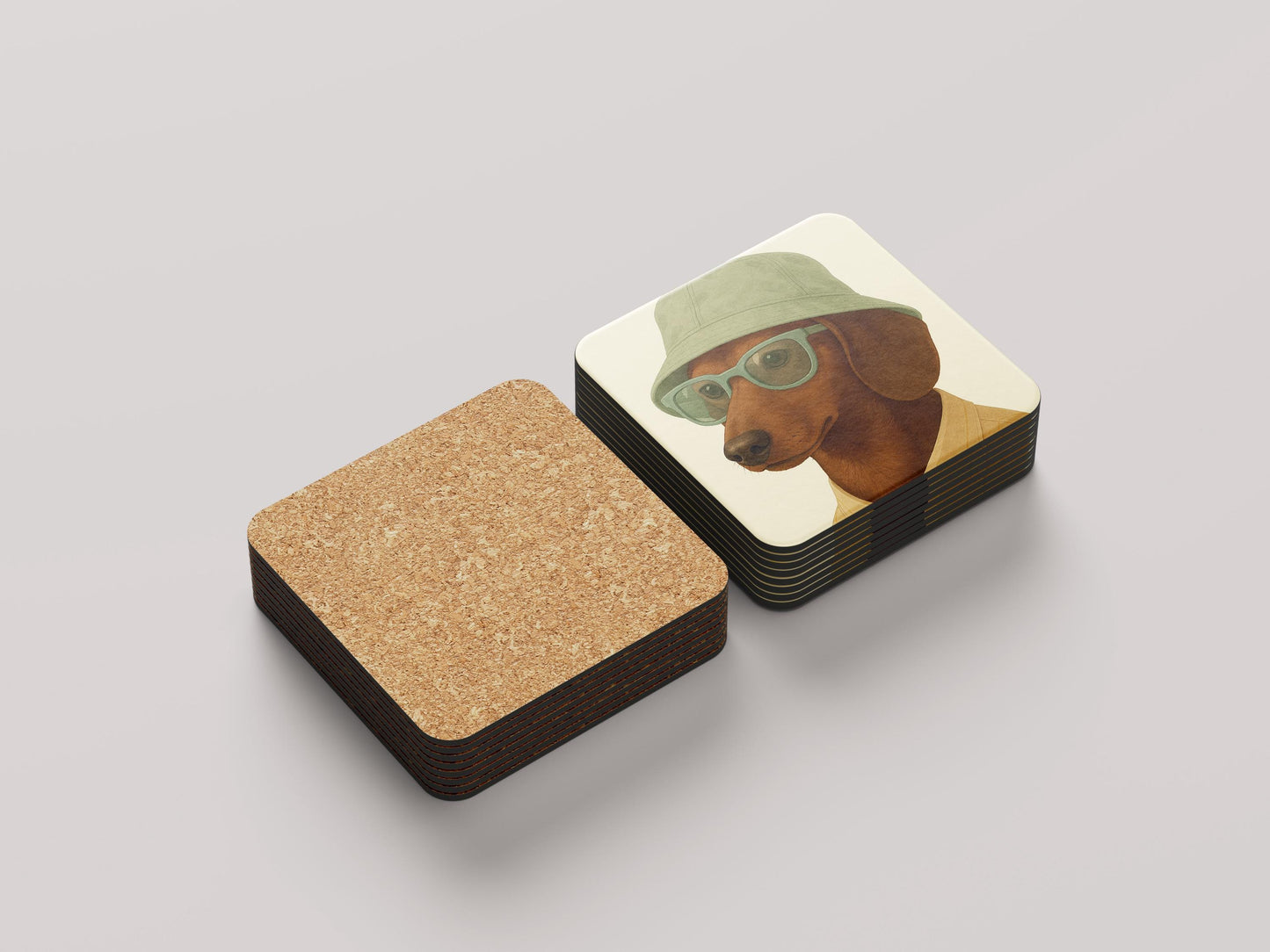 Chocolate Teckel Onderzetters Set - Gladhaar Chocolate Teckel met Groene Hoed - Cadeau Teckelliefhebber