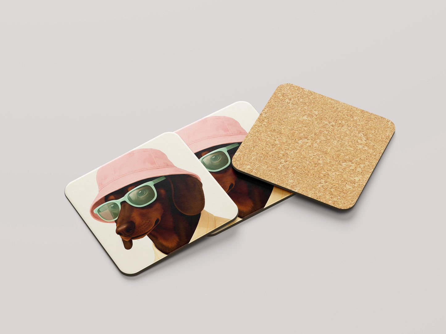 Teckel Onderzetters Set - Grappige Teckel met Roze Hoedje en Zonnebril - Uniek Cadeau