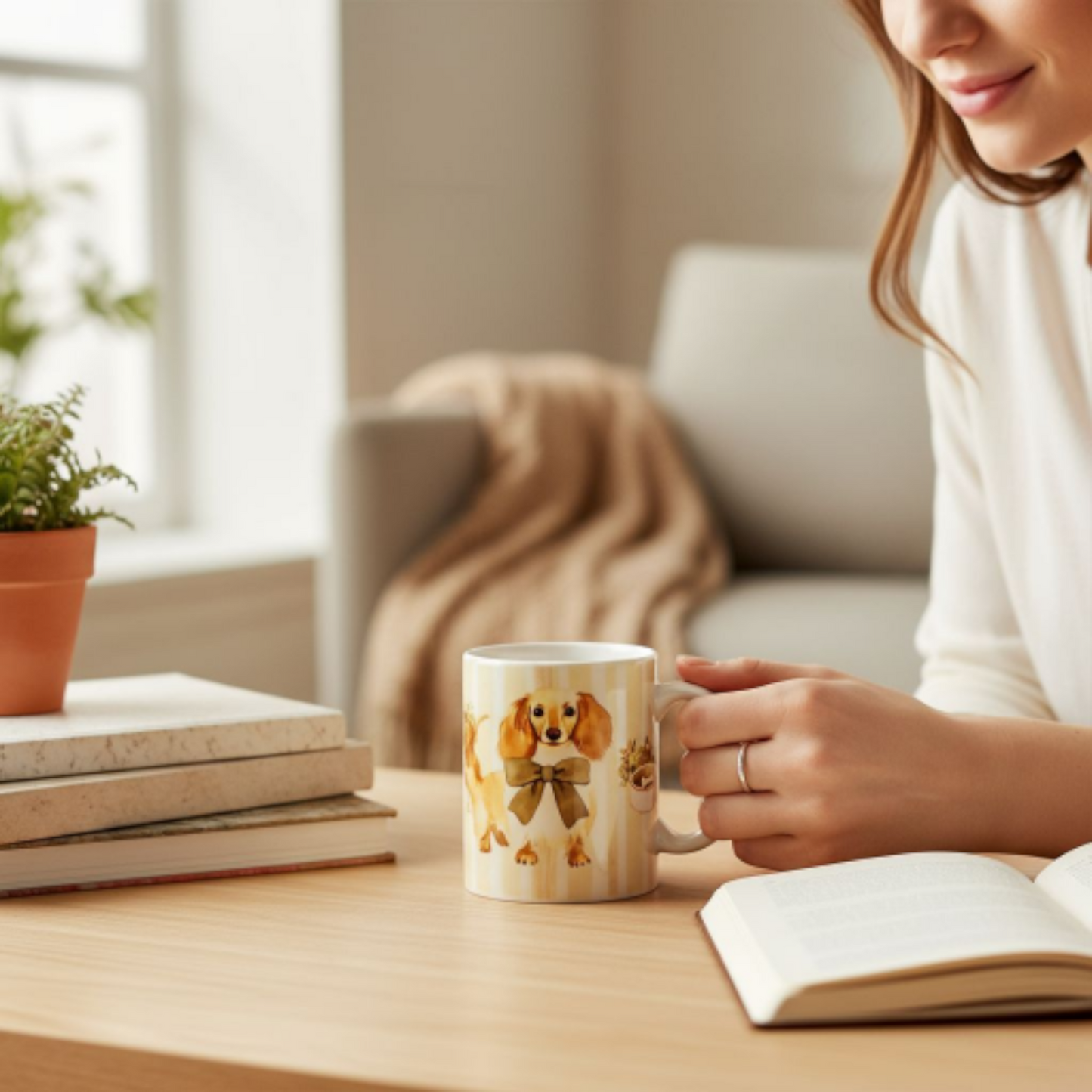 Mok Beige Strepen Langharige Blonde Teckel - Elegante Teckel Mok