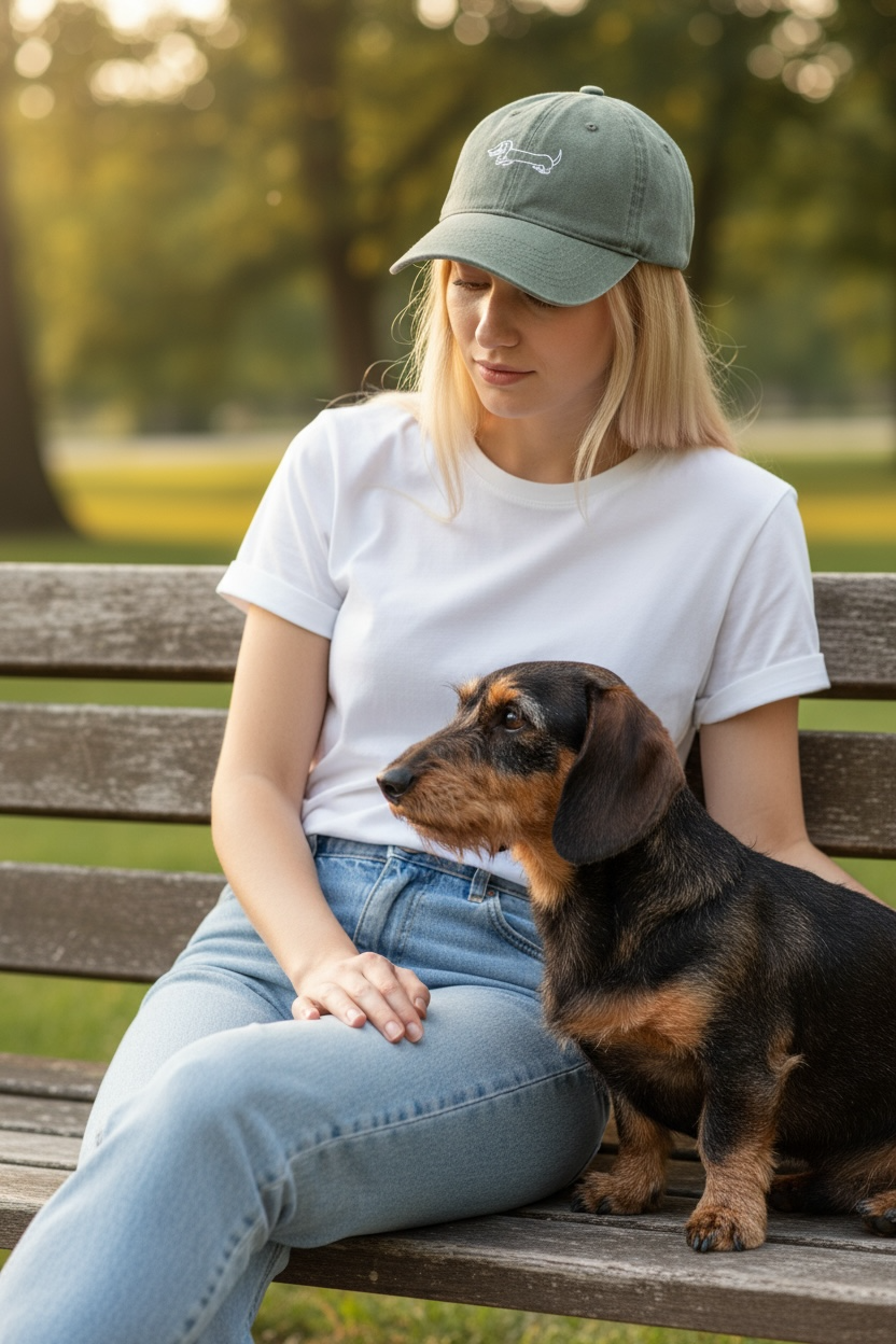 Pet met Geborduurde Teckel - Chino Katoen - Verschillende Kleuren