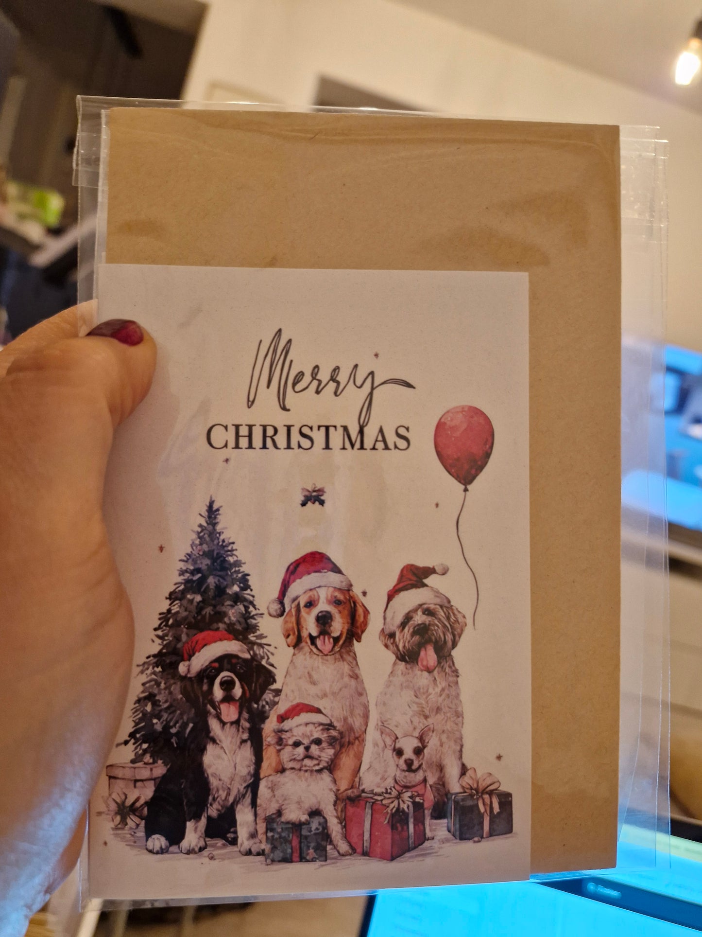 wenskaart merry christmas 5 verschillende honden 1 ballon
