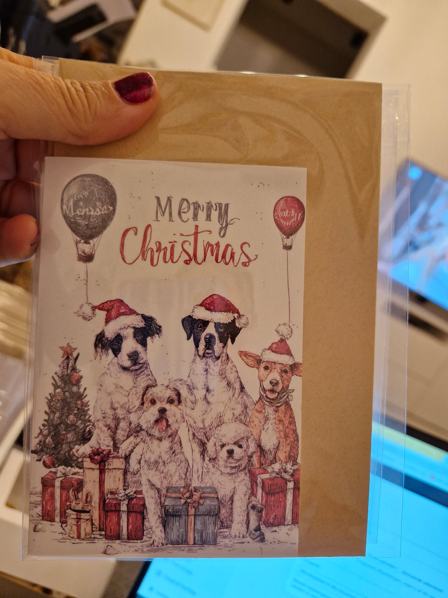 wenskaart merry christmas 5 verschillende honden 2 ballonnen