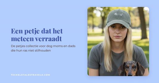 Vrouw met geborduurde teckel pet en haar dapple teckel - petjes collectie