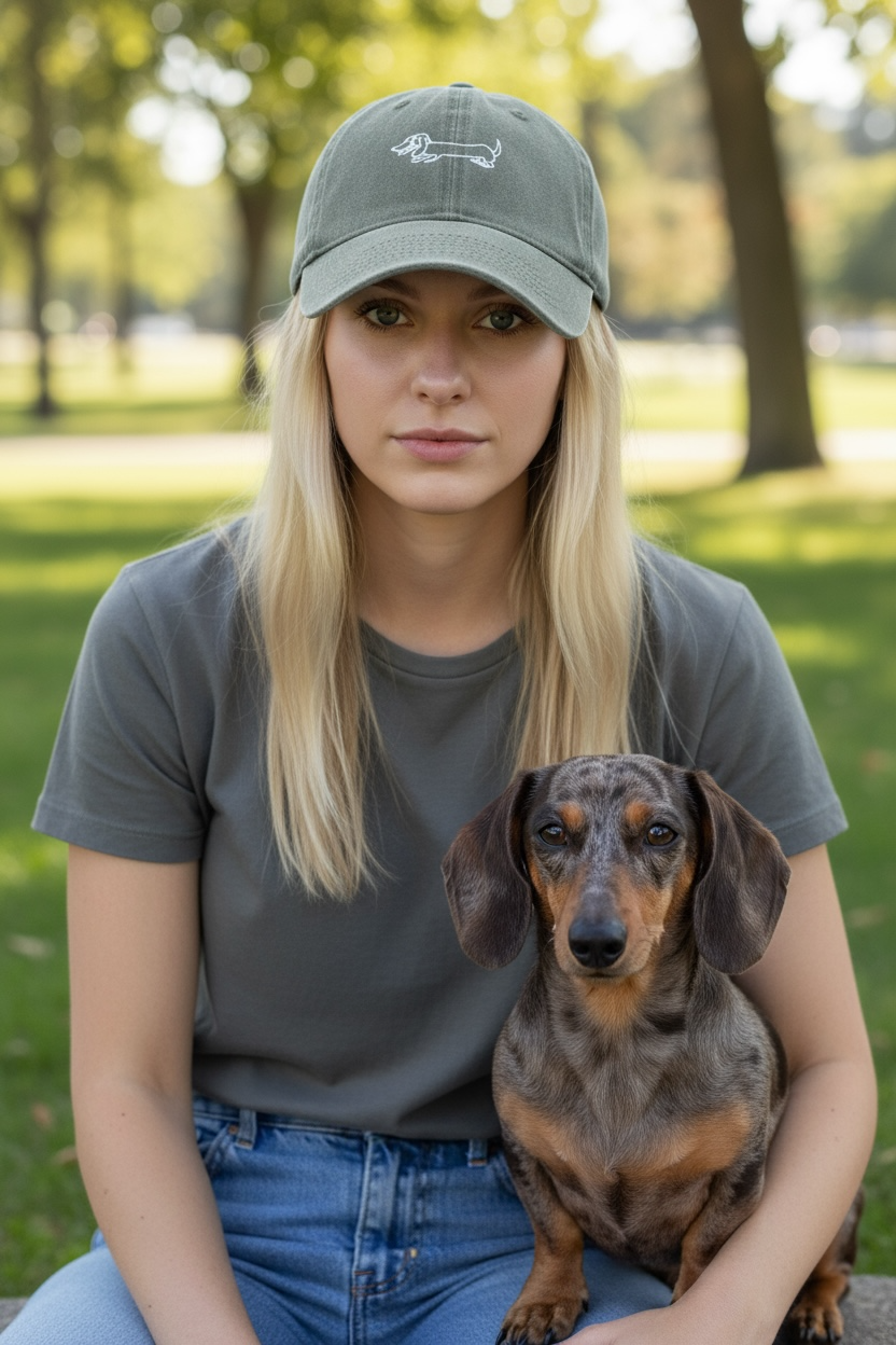vrouw met merle teckel met een petje op met inline teckel erop geborduurd