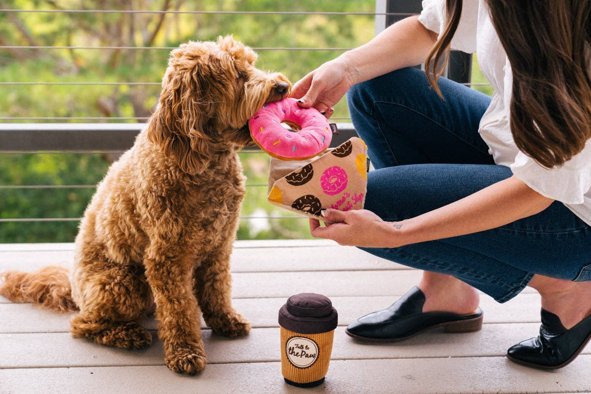 Doodle krijgt de roze donut hondenknuffel van P.L.A.Y. op het terras