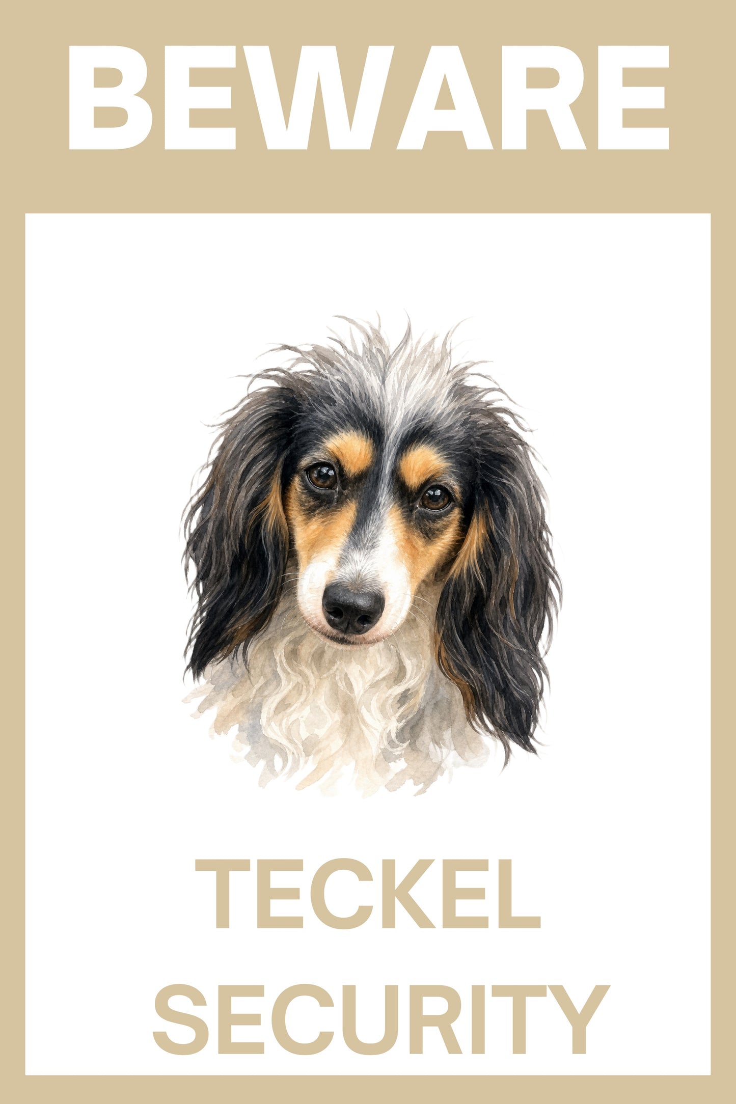Waakbord piebald teckel black en tan langhaar - bordkleur beige
