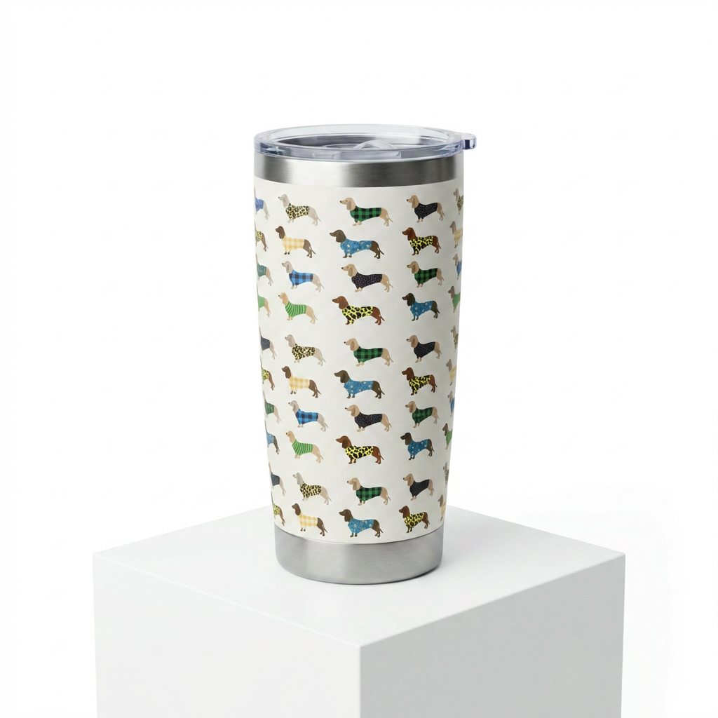 Detailfoto allover teckelmotief op 20oz roestvrijstalen thermobeker