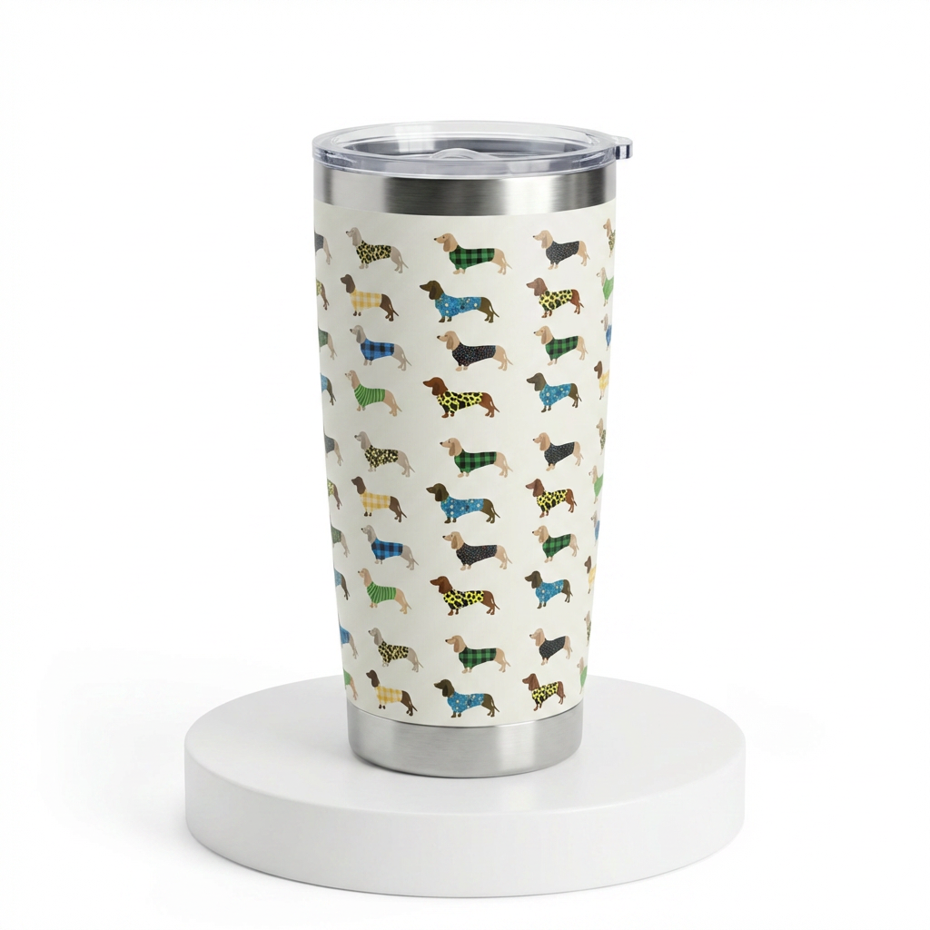 Teckel thermobeker 20oz met allover dachshund print – roestvrijstalen reismok