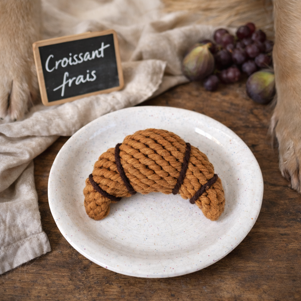 Croissant hondenspeeltje van touw op een ontbijtbord, cadeau voor hondenliefhebbers